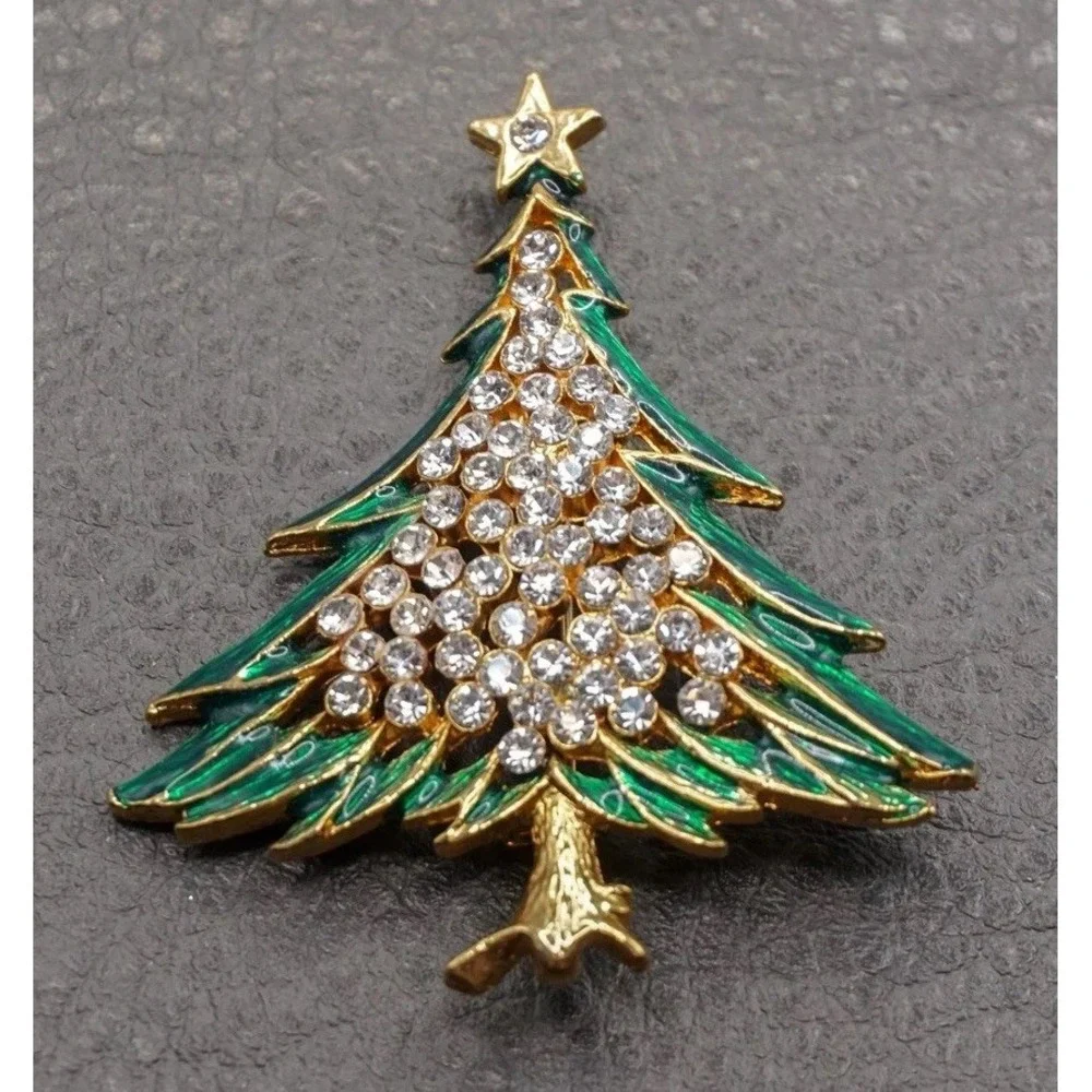 Vintage Christmas Tree Brooch Rhinestone Green Enamel Gold Tone